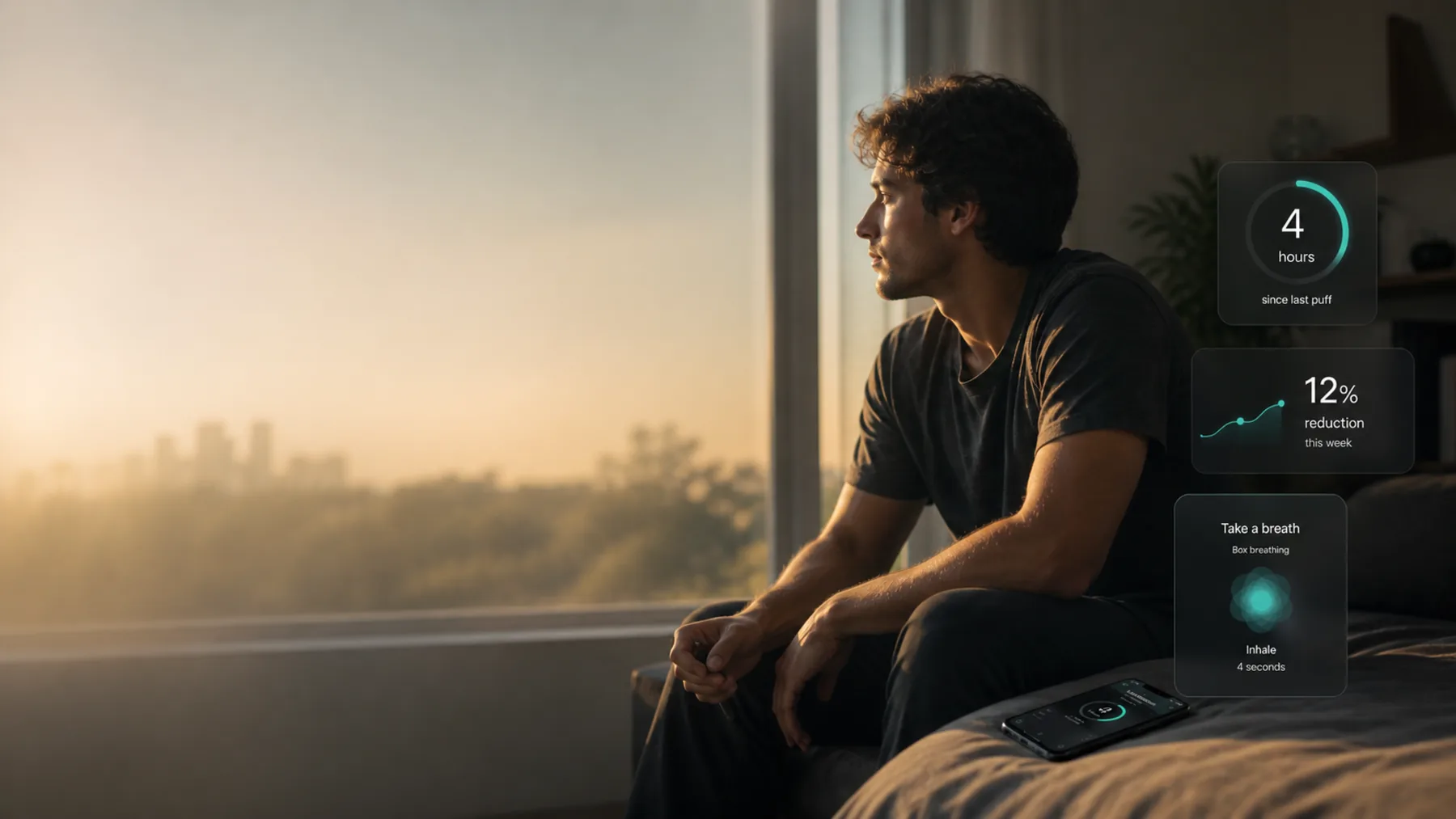 A young adult sitting near a window in soft sunrise light while using ClearAir for quit-vaping support.