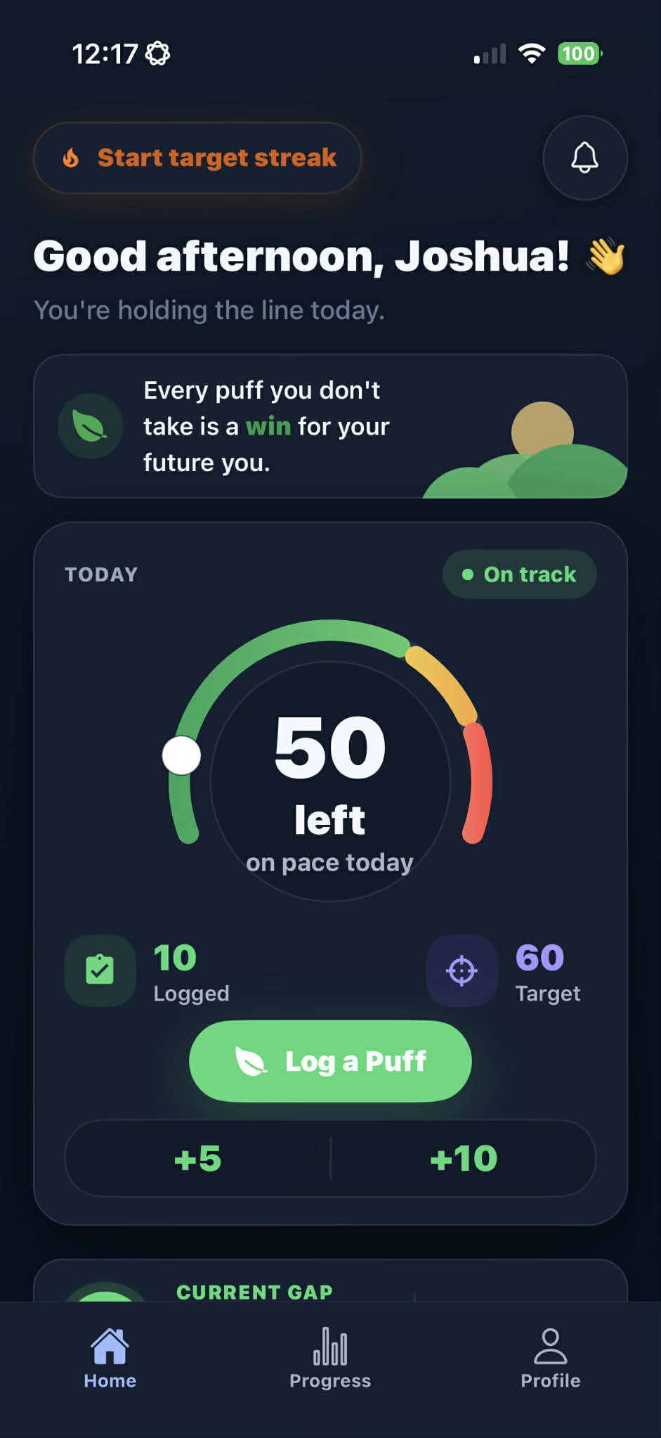 ClearAir dark mode Home screen with greeting, on-track target ring, and Log a Puff controls.
