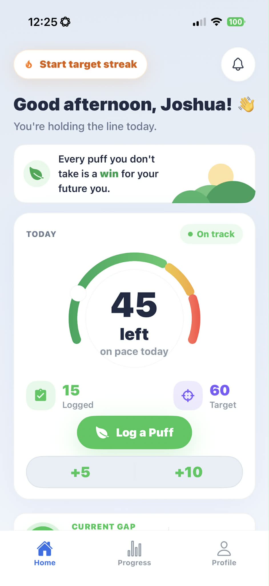 ClearAir light mode Home screen with daily target, logged puffs, status state, and quick logging.