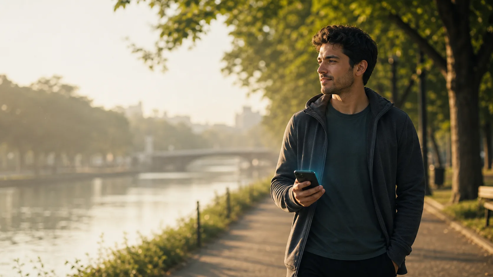 Person calmly checking their phone during a morning walk