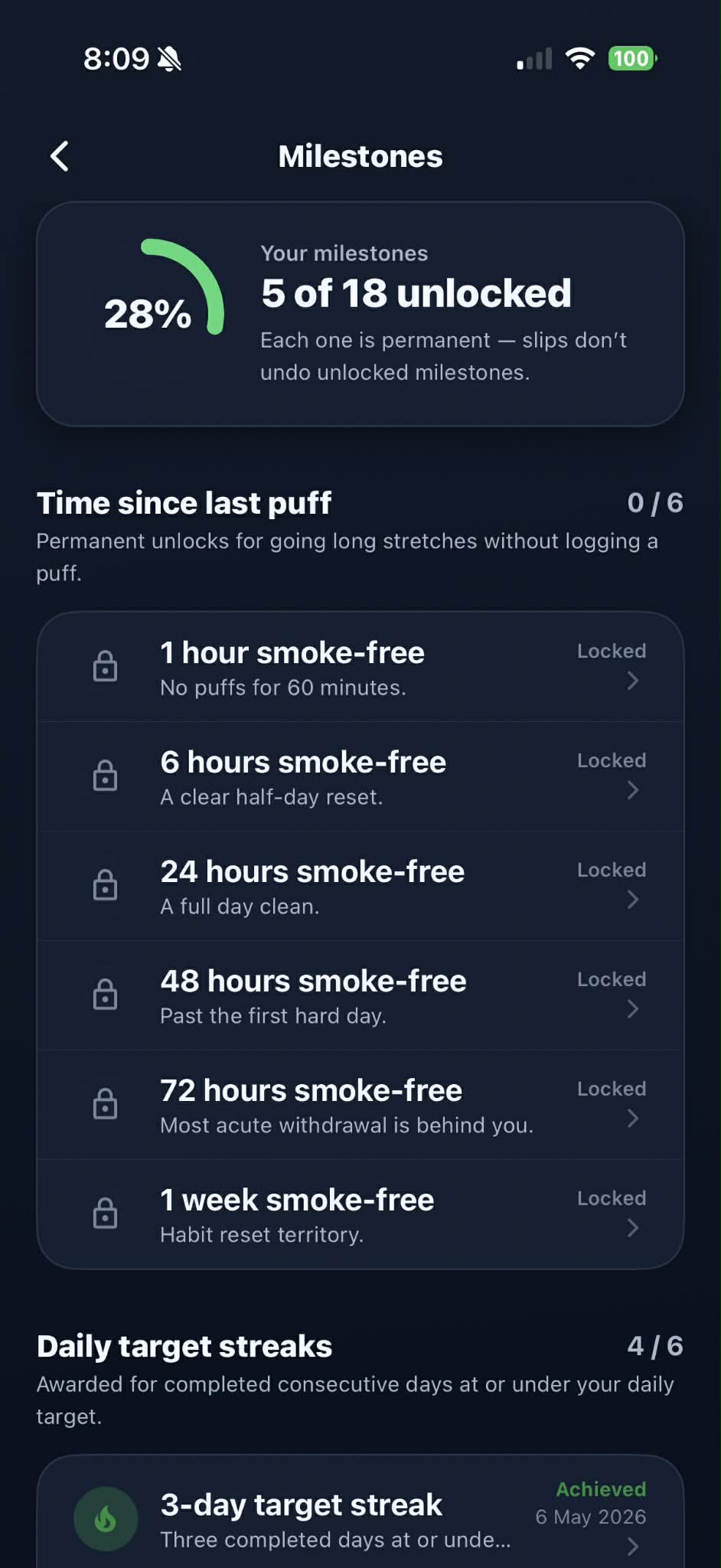 ClearAir dark mode Milestones screen listing time-since-last-puff and target streak achievements.