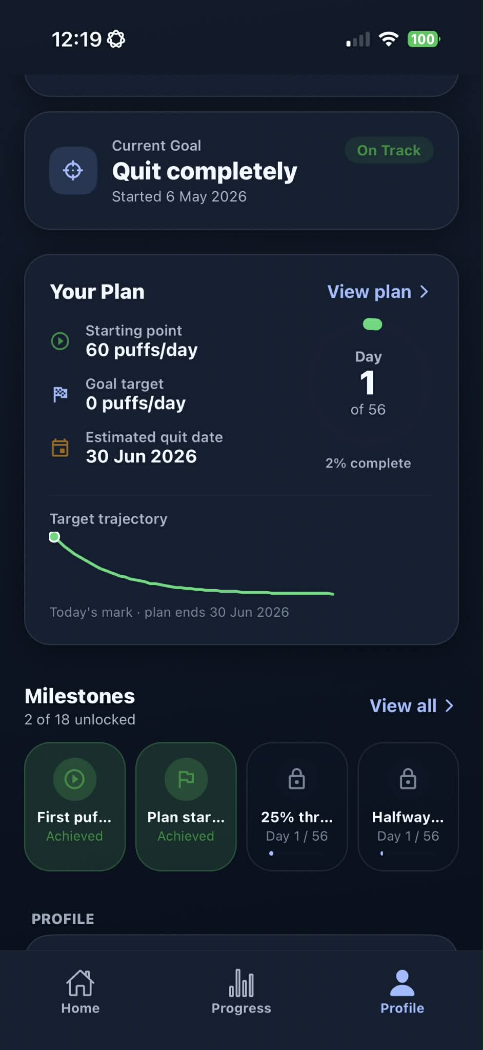 ClearAir dark mode Profile screen showing current goal, plan trajectory, and milestones.