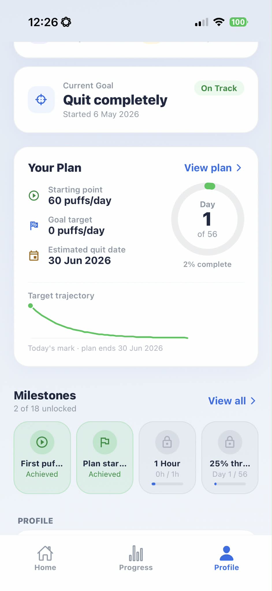 ClearAir light mode Profile screen with current goal, baseline, estimated quit date, and plan trajectory.